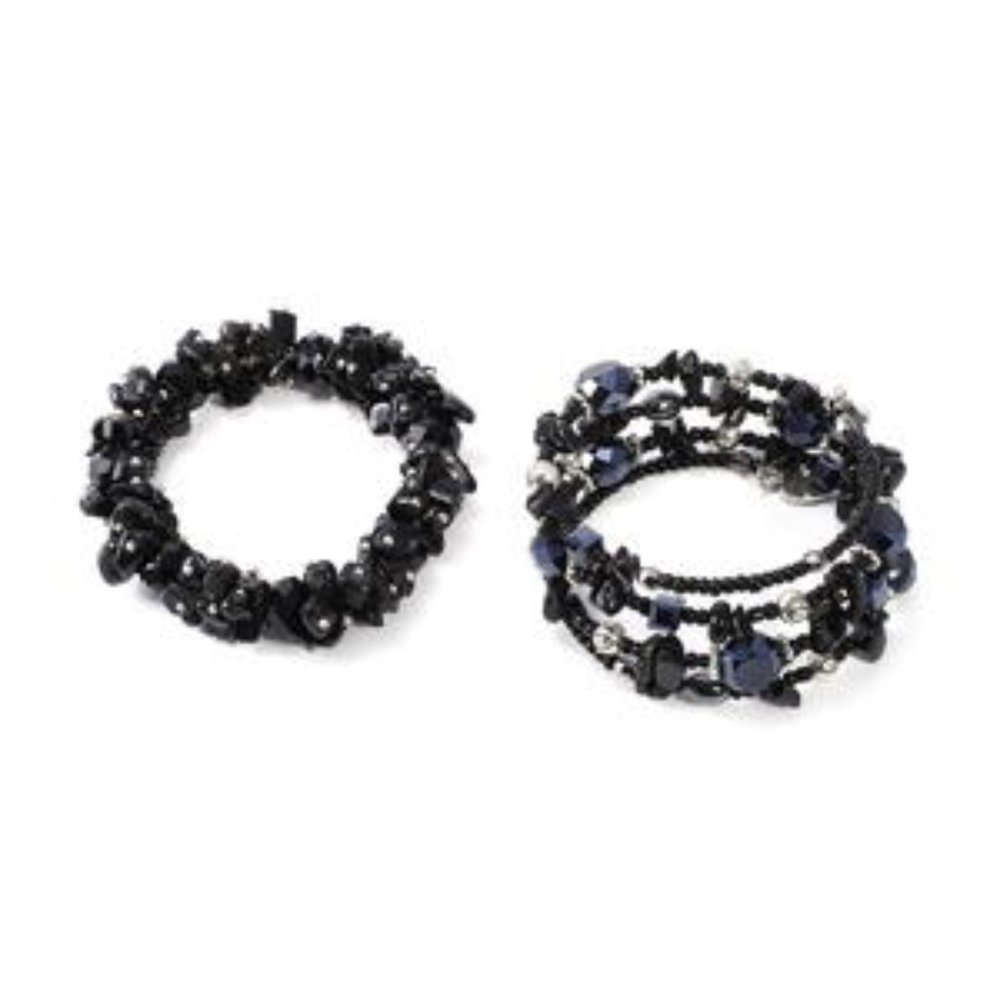 Set of 2 Black Obsidian and Simulated Blue and Black Sapphire Wrap and Stretch B
